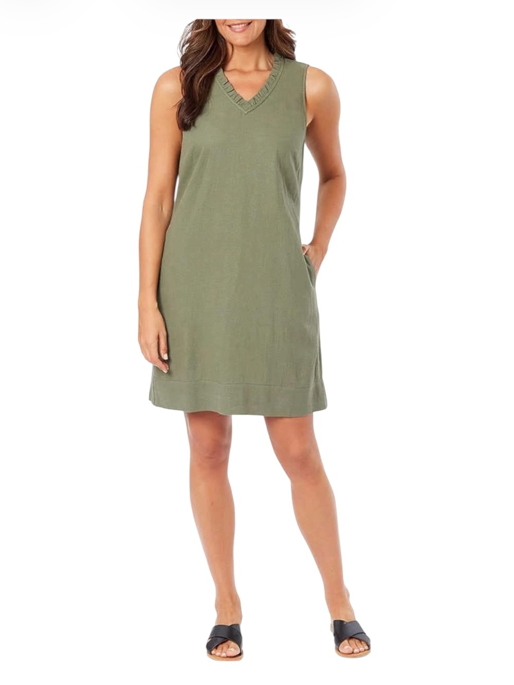 Briggs Linen Blend Ruffle V-Neck Sleeveless Dress Olive Green Pockets Size XL
